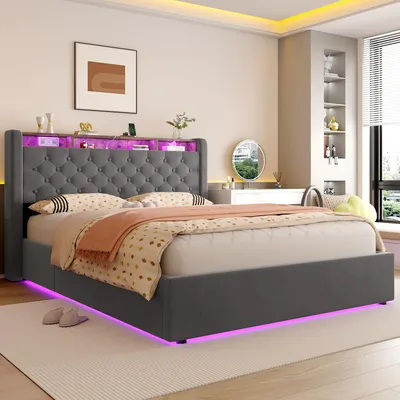 Obrázek produktu pro okwish Čalouněná postel 140×200 s elektrickou zásuvkou a LED osvětlením, manželská postel s úložným čelem, studentská postel, tmavě šedá, bez matrace