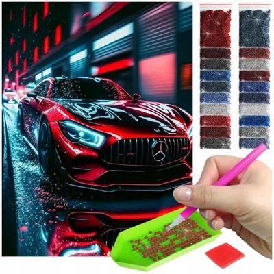Zdjęcie produktu dla Haft diamentowy ARTULIO - Sportowy Mercedes w czerwono-czarnej scenerii - 30 x 40 cm - Diamond painting, Kompletny zestaw: mozaika + akcesoria