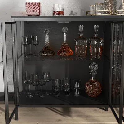 Produktbild von Vitrine mit Beleuchtung 3 Farbe, Glas-Sideboard mit 4 Türen, BuffetSchrank, Sideboard, Schwarz, MDF + Glas, 140 x 40 x 75 cm
