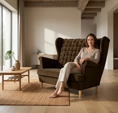 Produktbild von 2-Sitzer Ohrensofa CAROL – Geflochtene Rückenlehne, Velours in Braun, Family Meble, KI-generiertes Bild