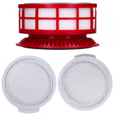 A collage of vacuum cleaner filters, including a red and white cylindrical filter and two circular white mesh filters.