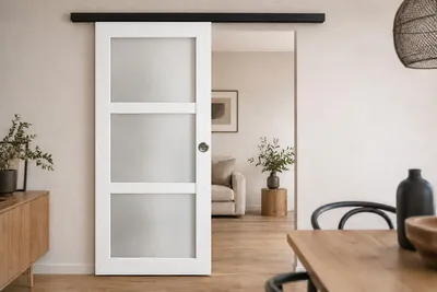 Immagine prodotto di Porta scorrevole Kenya bianca con vetro H204 x L83 cm, binario in alluminio con fascia nera, conchiglie Gd Menuseries