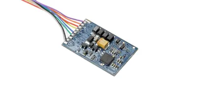 A close-up, angled view of a small electronic circuit board with multiple wires extending from one end, set against a plain white background.