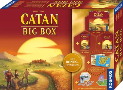 Produktbild von Kosmos 682941 Catan - Big Box, 7-teilige Vorteilsbox, Starterset für Catan - Das Spiel, inklusive Ergänzung für 5-6 und Erweiterung mit Bonus-Szenarien, Siedler von Catan