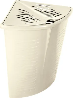 A corner laundry basket with a lid.