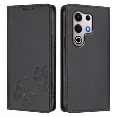 Image de Étui en cuir pour itel S25 Ultra, motif papillon, étui à rabat avec porte-appareil, noir