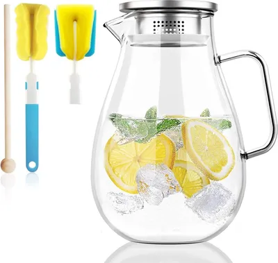 Image de Pichet en verre 2 litres Carafe filtre couvercle agitateur brosse de nettoyage Pichet d'eau thé glacé Vin café lait jus de fruits Carafe à boissons