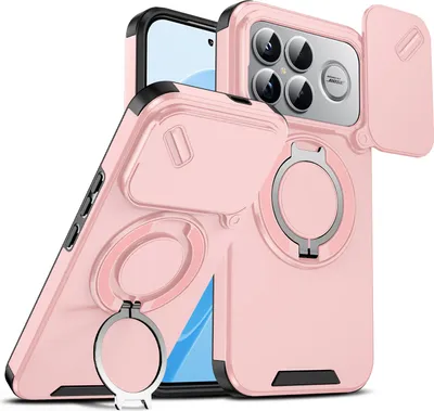 Immagine prodotto di Custodia a doppio strato per Xiaomi Poco F8 Ultra/Redmi K90 Pro Max, con copertura scorrevole per la fotocamera e supporto magnetico ad anello Rosa