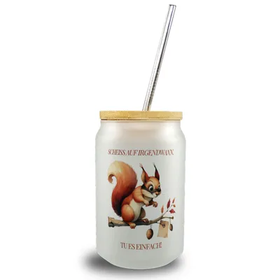 Produktbild von lustiges Eichhörnchen Trinkglas mit Bambusdeckel mit Spruch Scheiss auf