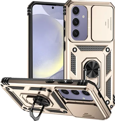 Immagine prodotto di Custodia per Samsung Galaxy S24 FE a doppio strato con copertura scorrevole della fotocamera e supporto ad anello Oro