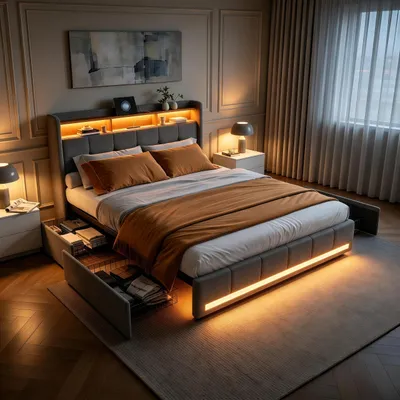 Produktbild von SUNFECILI Polsterbett 140x200 cm,Bett mit Schubladen,mit Lattenrost,Weicher Rückenlehne und Kopfteil,USB,LED,Doppelbett,Jugendbett,Leinen,Grau