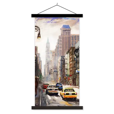 Produktbild von MuchoWow® Textilposter Gemälde - Stadt - Auto - Öl 60x120 cm mit schwarzem Rahmen - Magnete