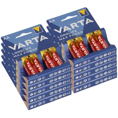 Multiple packs of Varta AA batteries stacked together.