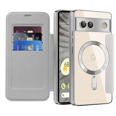 Obrázek produktu pro Pouzdro pro Google Pixel 7A kompatibilní s MagSafe, průhledné pouzdro s držákem karet, kožené pouzdro s ochranou kamery Stříbro