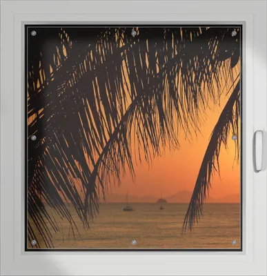 Produktbild von Wallario Lichtschutzbild, Dekorativer Sichtschutz Sonnenschutz 96 x 100 cm mit Motiv: Sonnenuntergang unter Palmenblättern - Verdunklung ohne Bohren
