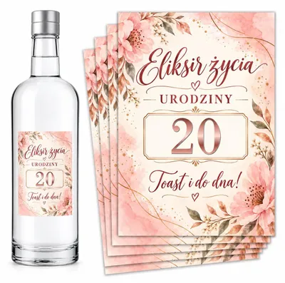 Obrázek produktu pro Etikety na lahve – k 20. narozeninám – „Eliksir Życia” – růžová – #134 – 8 ks