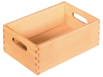 A wooden storage box with handles is shown against a white background.
