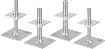 Four metal post supports are arranged in a row against a white background.