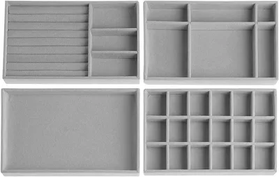 Productafbeelding van Sieradenopslag lade - Set van 4 - Sieradendienblad - Sieradenkistje - Fluwelen sieradenorganizer - Stapelbaar - Ringen