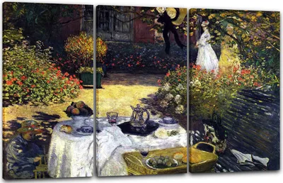 Produktbild von Leinwandbild 3-teilig (120x80cm): Claude Monet - Die Mittagsmahlzeit, echter Holz-Keilrahmen inkl. Aufhänger, handgefertigt in Deutschland