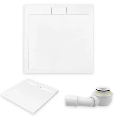 Zdjęcie produktu dla Brodzik Posadzkowy Prysznicowy Kwadratowy 80x80x4,5 Akrylowy, Gładki | w zestawie - Syfon, odpływ ⌀50 mm | BADLAND AXIM SLIM