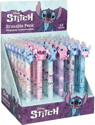 A display box filled with colorful Stitch-themed erasable pens.