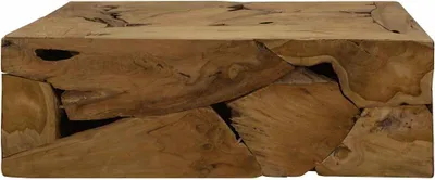 A close-up, front view of a wooden coffee table.