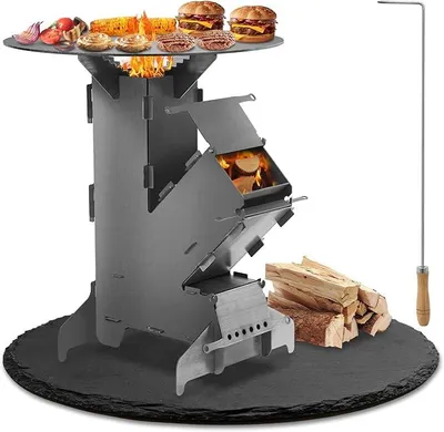 Produktbild von Raketenofen mit Grillplatte und Feuerhaken, Rocket Stove Stecksystem aus 3 mm dickem Stahl, Raketenofen Outdoor Holzofen Campingkocher Kanonenofen für BBQ Terrasse