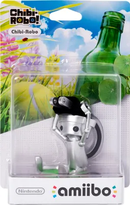 A Chibi Robo amiibo figure in its retail packaging, set against a backdrop of a sunny sky with clouds and a grassy field.