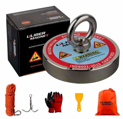 Image de Aimant de pêche, capacité de traction de 400 kg, diamètre de 90 mm, avec corde et gants