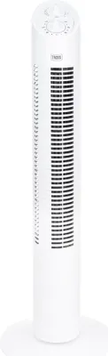 A white tower fan on a white circular base against a white background.