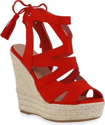 Produktbild von VAN HILL Damen Bast Keilsandaletten Cut-Outs Quasten Sommer Schuhe 816039, Farbe: Rot, Größe: 37