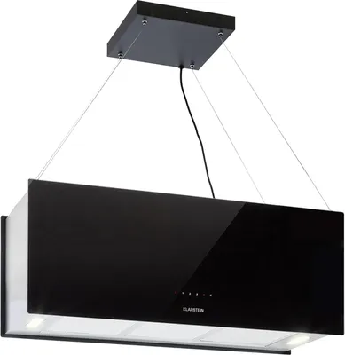 A black and white island range hood suspended from the ceiling.