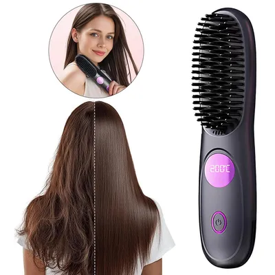 Produktbild von Kabellose Haarglätterbürste, Tragbare Mini-Glättbürste mit 3 Temperaturstufen und LED-Anzeige für einfaches Haarstyling