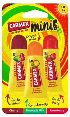 Produktbild von Carmex Minis Lippenpflege – Strawberry, Pineapple Mint, Cherry – 3er Set je 5 g, KI-generiertes Bild