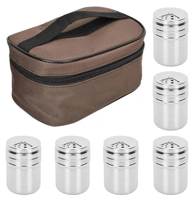 Produktbild von Gewürzdose, tragbar, 6 Stück, Edelstahl, mit Aufbewahrungstasche für Zuhause, Küche, Grill, Camping, Angeln, Reisen