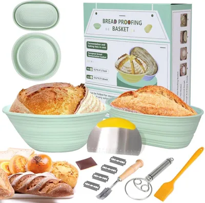 Zdjęcie produktu dla Silikonowy zestaw do garowania 9 cali okrągły i 10 cali owalny - Zestaw do pieczenia na zakwasie, narzędzia i forma do pieczenia - Bez BPA - Do kontaktu z żywnością - Można myć w zmywarce