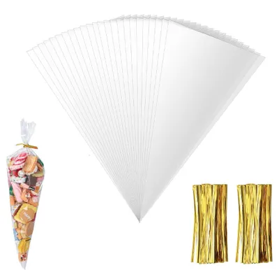 Produktbild von Durchsichtige Tüten 200 Stück 13 x 25 cm - Transparente Süßigkeitentüten & Kekstüten - Spitzbeutel für Gastgeschenke - Mit goldenen Verschlussclips