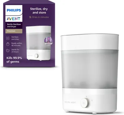 A Philips AVENT bottle sterilizer and dryer is shown next to its packaging.
