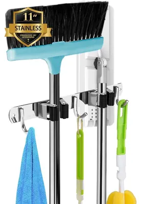 Produktbild von Besenhalterung Wand 2 Halter 3 Haken Schwerlast Edelstahl Selbstklebend & Bohren