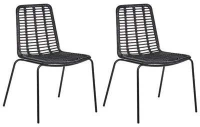 Produktbild von BELIANI Esszimmerstuhl 2er Set Schwarz Rattan mit Rückenlehne Metallbeinen ohne Armlehnen Wohnzimmer Essbereich Gästezimmer Stuhlset Küchenstühle