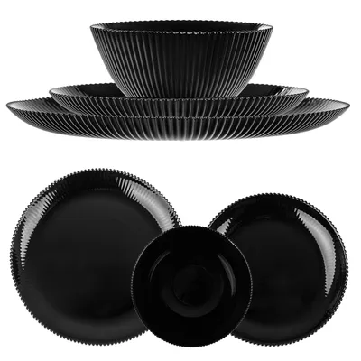 Produktbild von KADAX Geschirrset für 1 Person, 3-teilig, schwarze Tafelservice aus Opalglas mit Suppenschalen, Speisetellern & Desserttellern, Spülmaschinenfest (Schwarz)
