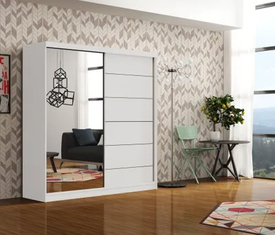Produktbild von Krudox INFI Kleiderschrank Schiebetür Weiß 150x200x62 cm mit Spiegel Kleiderstange Schlafzimmer Mehrzweckschrank