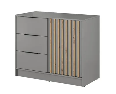 Produktbild von Kommode Stilo Grau Matt mit Eiche Artisan Lamellen – 105 cm, 1 Tür, 3 Schubladen, Modern