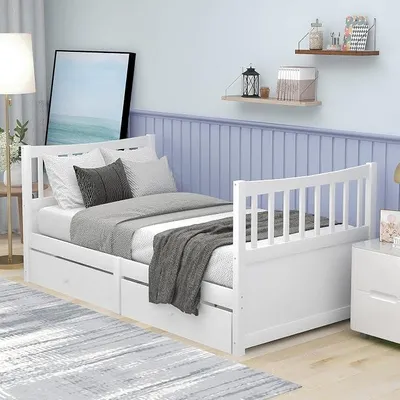 Obrázek produktu pro Postel s úložným prostorem, rozkládací na denní lůžko, rozměry 90x200 cm, masivní borovicové dřevo, vhodná jako přistýlka, dětská postel, postel pro mládež, jednolůžko (bílá barva)
