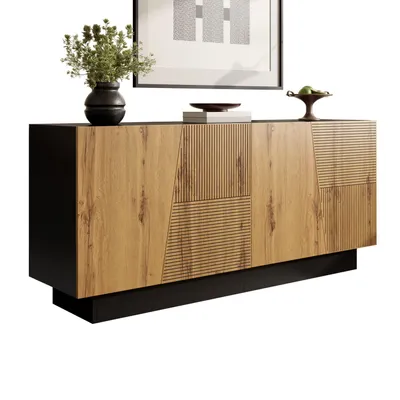 A modern sideboard with a geometric design is displayed against a white background.