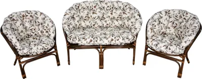 A set of rattan furniture including two chairs and a loveseat, all with patterned cushions, displayed on a white background.