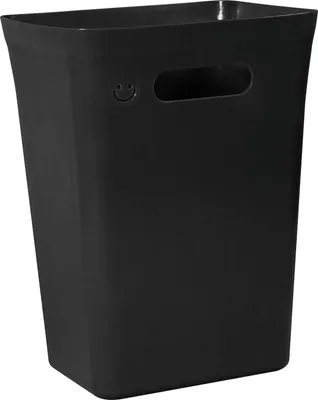 A black trash can with handles and a smiley face imprint.