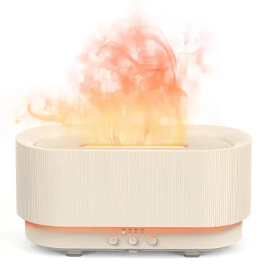 Image de Diffuseur d'arômes 2-en-1 pour huiles essentielles - Humidificateur d'air à ultrasons - 300 ml - Lampe d'ambiance effet flamme - Minuterie - Fonctionnement silencieux - Fonction humidification - Blanc