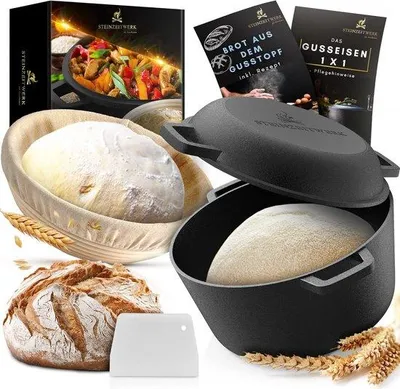 Produktbild von Gusseisenpfanne Brotbacken - All-in-One Set mit Gärkorb und Teigschaber